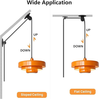 FCTWAKS Plug in Pendant Light, Mid Century Orange Hanging Lights with Plug in Cord, 3-Layer Metal Shade, Adjustable Pulley, Dimmable, Vintage Hanging Lamp for Bedroom, Kitchen Island, Dining Room