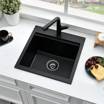 18 Inch Black Drop In Bar Sink Quartz-Bokaiya 18x18 Bar Sink Quartz Small Wet Bar Outdoor Rv Kitchen Sink Topmount Workstation Single Bowl Drop In Kitchen Sink with Cutting Board