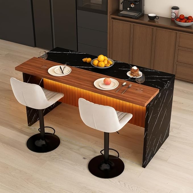 Modern Kitchen Island Set with Two Gray Bar Stools, Black Marble Look Surface, LED Lighting and Grill Design for Dining Room and Open Concept Spaces