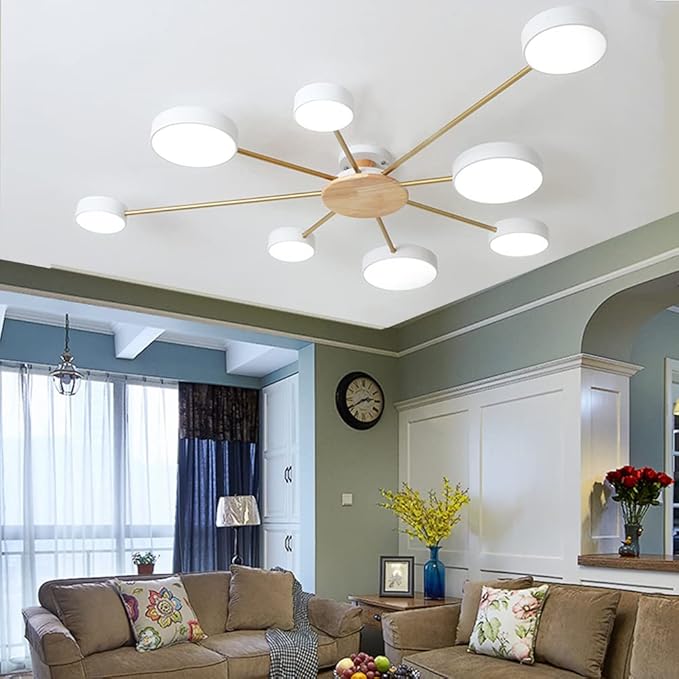 LED Ceiling Light Fixture,48 Inch 8-Lights Modern Ceiling Lights Flush Mount Wooden 64W Dimmable Chandelier for Living Room Bedroom Kitchen,3000K/4000K/6000K Temperatures Selectable White