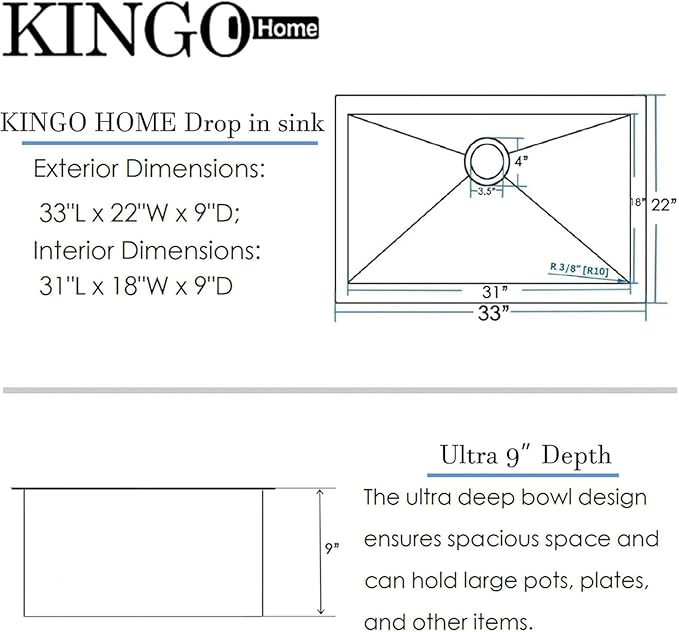 KINGO HOME Drop in Kitchen Sink,33"x 22" Inch Stainless Steel Kitchen Sinks,Brushed Nickel Single Bowl Basin Handmade Topmount workstation sink With Dish Grid,Dish Drainer,Cutting Board and Basket