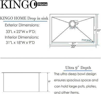 KINGO HOME Drop in Kitchen Sink,33"x 22" Inch Stainless Steel Kitchen Sinks,Brushed Nickel Single Bowl Basin Handmade Topmount workstation sink With Dish Grid,Dish Drainer,Cutting Board and Basket