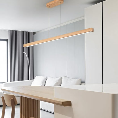 YISDESIGN 59" Wood Linear Pendant Light Fixtures Led Dining Room Chandelier Linear Kitchen Island Hanging Lights Dimmable Modern Pendant Light for Dining Room Kitchen Island Pool Table Lights Natural