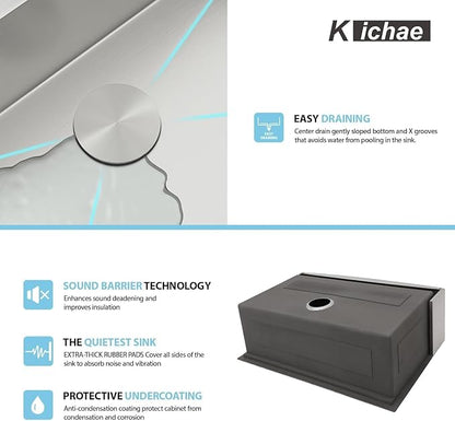 Kichae 33 Inch Farmer Sink - 33 x 20 Farmhouse Sink Stainless Steel 16 Gauge Single Bowl Apron Front Farm Style Basin