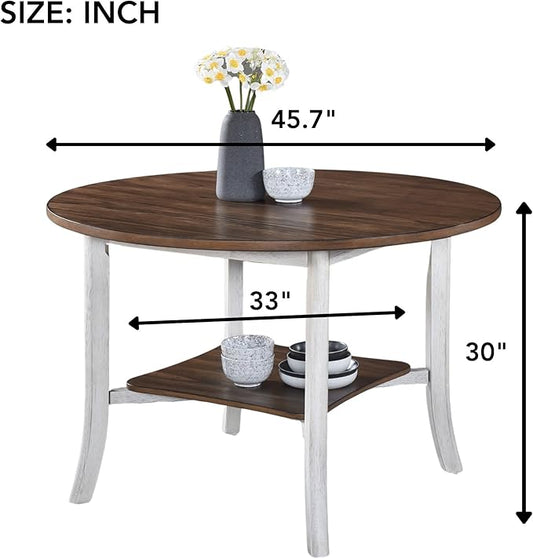 Round Dining Table with Storage Shelf Modern Farmhouse Round Kitchen Table Sturdy Small Space Dining Table for Dining Room Practical