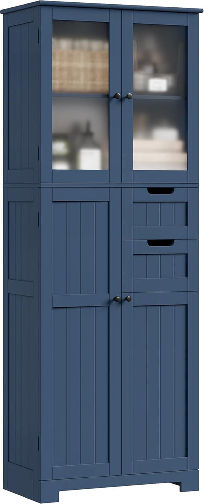 BOTLOG 67'' Tall Bathroom Storage Cabinet, Linen Cabinet with Glass Doors and Adjustable Shelves, Kitchen Pantry with 2 Drawers for Bathroom, Living Room, Dining Room, Blue