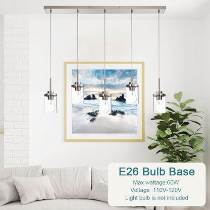 5 Lights Island Lights for Kitchen Modern Industrial Brushed Nickel Linear Chandeliers with Clear Glass Shade for Dining Room Kitchen Long Finish Ceiling Lighting Fixtures
