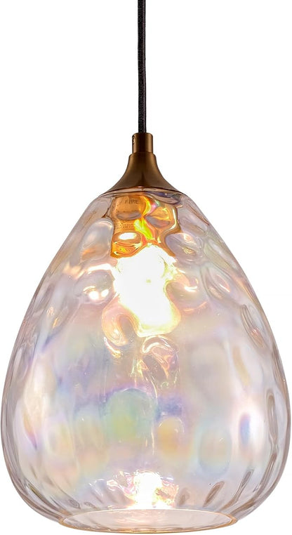Gold Pendant Lighting with Stained Hammered Glass Shade, 1-Light Art Deco Hanging Lamp for Kitchen Island, Dining Room, Bedroom (Colorful Glass Shade)