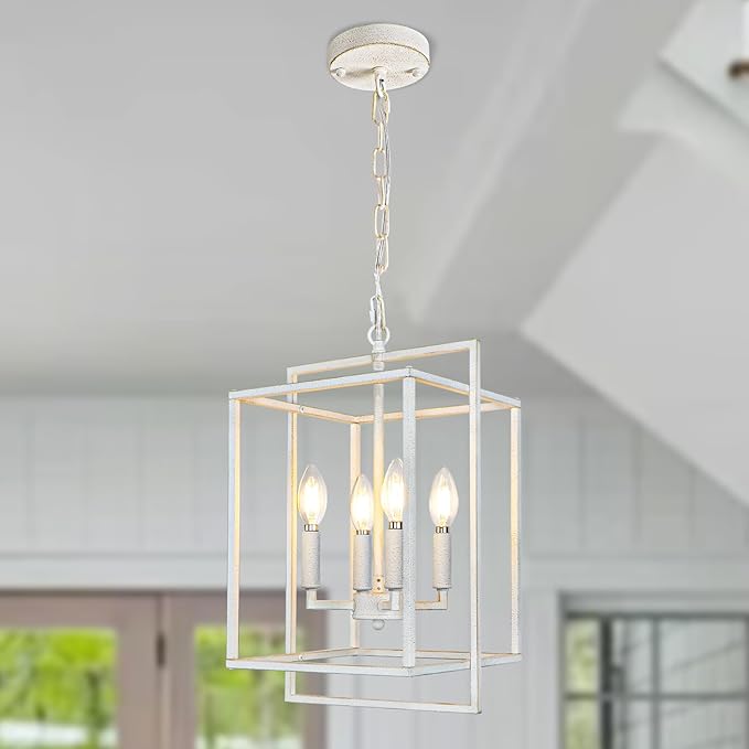 4-Light Farmhouse Chandelier, Rustic Lantern Foyer Lighting Fixtures, Adjustable Metal Antique White Hanging Pendant Light for Dining Room Entryway Kitchen Island Staircase