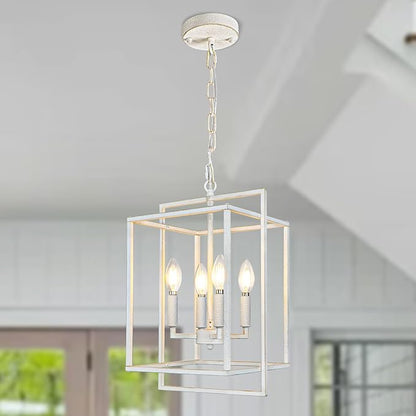 4-Light Farmhouse Chandelier, Rustic Lantern Foyer Lighting Fixtures, Adjustable Metal Antique White Hanging Pendant Light for Dining Room Entryway Kitchen Island Staircase