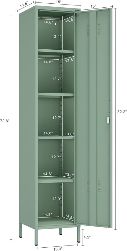 Manhattan Comfort Naomi 72.8'' Tall Storage Cabinet, Single Metal Locker with Lock, Adjustable Shelves, Vented Door & Floor Protectors, Modern Garage & Office Organizer, Green