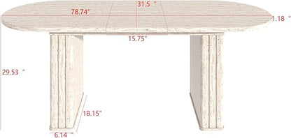 Extendable Dining Room Table for 4 6 8, 78.74" to 62.99" Beige Faux Travertine Marble Pattern Modern Farmhouse Wooden Kitchen Expanding Long Large Expandable Conference Table with Pedestal Base
