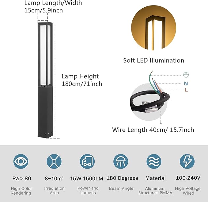 MVBT High 71 Inches Landscape Path Light, Outdoor Modern Luxury LED IP54 Waterproof Landscape Bollard Lighting for Lawn Patio Courtyard Driveway Pathway Decoration with High Voltage Wired