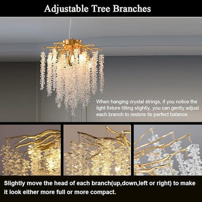 Crystal Tree Branch Chandelier Gold Roud Raindrop Pendant Light Tassel Ceiling Hanging Light Fixtures for Bedroom Living Room Dining Room Entryway Dia 12"