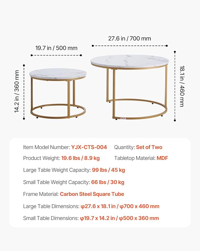VEVOR Nesting Coffee Table Set of 2, 27.6 in Round Coffee Table, Nesting Tables for Small Place, Vintage End Side Tables Night Stand with Metal Frame, for Living Room, Bedroom, Office (White & Gold)