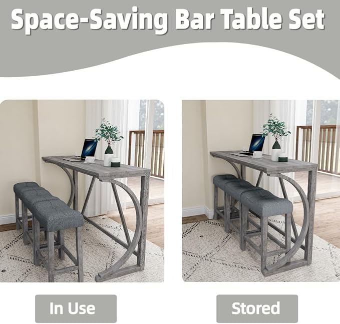 59 inch Bar Table and Chairs Set with Power Outlet,Industrial Counter Height Bar Table with 3 Padded Stools, 4 Pieces Space Saving Breakfast Table Set for Kitchen Dining Room,Grey