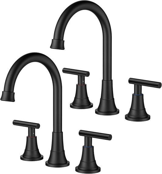 FORIOUS Matte Black Bathroom Faucet 3 Holes Vanity, 2 Handle 360° Swivel 8 In Widespread Black Bathroom Sink Faucet 3 Hole, with 360 Degree Rotating Spout, Pop-up Drain, Supply Lines, 2 Pack