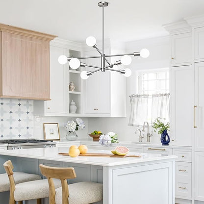Sputnik Chandeliers Dining Room Light Fixture (8-Light, 30-Inch), Modern Brushed Nickel Chandelier, Height Adjustable Mid Century Modern Chandeliers for Dining Room Kitchen Island (Bulbs Not Included)