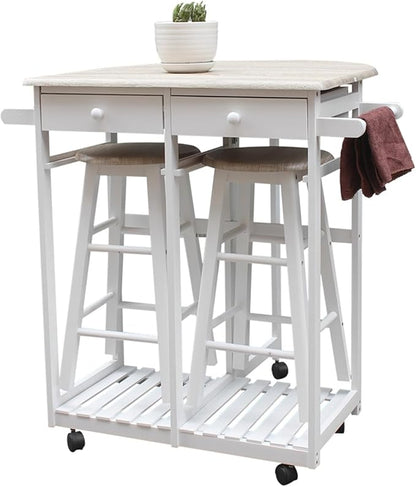 JINS&VICO Folding Dining Cart with 2 Round Stools, Kitchen Islands Carts with Semicircle Desktop and Wheels, Square Solid Wood Leaf Dining Table with 2 Drawers and Towel Rack