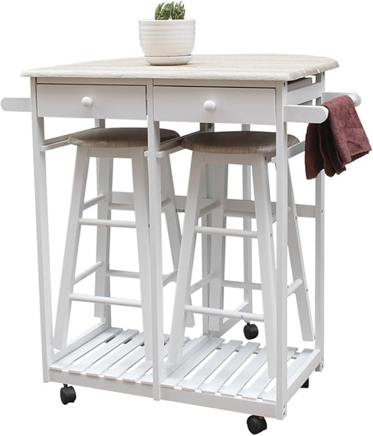 JINS&VICO Folding Dining Cart with 2 Round Stools, Kitchen Islands Carts with Semicircle Desktop and Wheels, Square Solid Wood Leaf Dining Table with 2 Drawers and Towel Rack