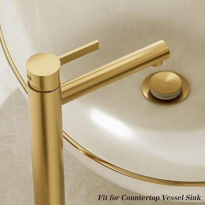 Phiestina Brushed Gold One Hole High Bathroom Vessel Sink Faucet, Single Hole Single Handle Tall Bathroom Faucet, with Pop Up Drain and Water Supply Line,FH01-BG-V