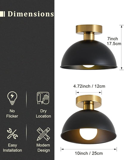 Industrial Semi Flush Mount Ceiling Light with Gold Plate and Matte Black Shade, Farmhouse Ceiling Light Fixture for Kitchen Island Dining Room Foyer Hallway Porch Barn Loft，10in (Black)
