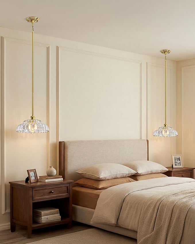 Elegant Transparent Glass Pendant Lamp with Gold Base, Modern Chic Lighting Fixture for Living Room, Bedroom, and Office