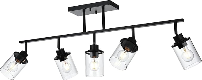 5-Light Adjustable Track Lighting Kit in Matte Black Semi Flush Mount Ceiling Light with 5 Rotatable Light Heads Modern Vanity Lights for Bathroom, Clear Glass Shade
