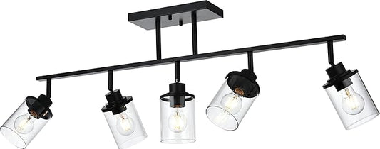 5-Light Adjustable Track Lighting Kit in Matte Black Semi Flush Mount Ceiling Light with 5 Rotatable Light Heads Modern Vanity Lights for Bathroom, Clear Glass Shade