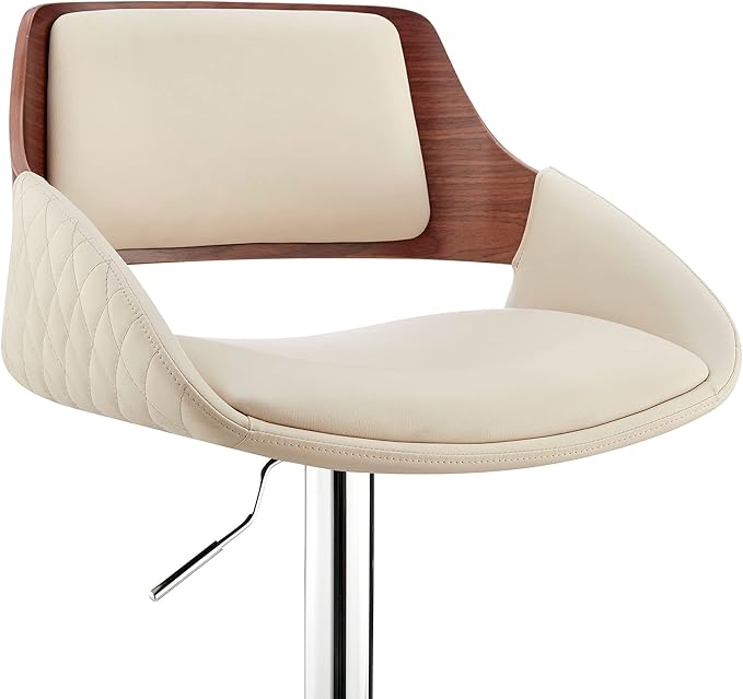 Armen Living Colby Modern Adjustable Height Swivel Cream Faux Leather and Walnut Wood Bar Stool with Chrome Base for Kitchen Island Counter