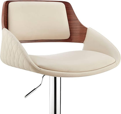 Armen Living Colby Modern Adjustable Height Swivel Cream Faux Leather and Walnut Wood Bar Stool with Chrome Base for Kitchen Island Counter