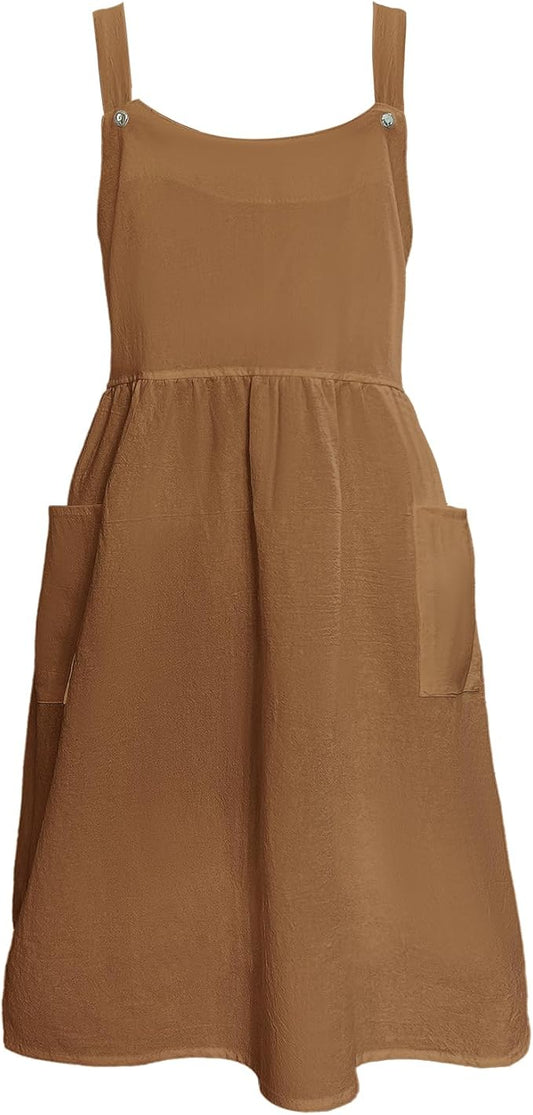 Cityelf Vintage Pinafore Apron Dress Snap Adjust Linen Cotton with Pockets Floral Aprons for Cooking Gardening