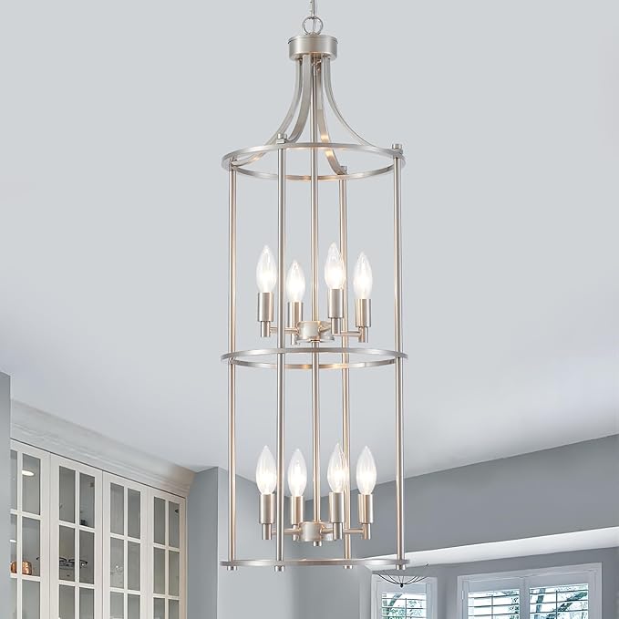XINGQI Brushed Nickel Chandeliers for High Ceilings, 8 Light Lantern Tiered Chandelier Modern Farmhouse Cage Pendant Lighting Fixture for Staircase Foyer Kitchen Island Dinning Room Living Room