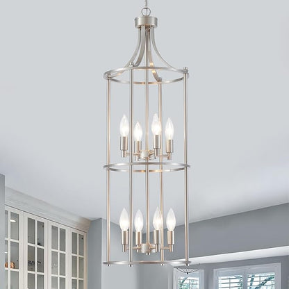 XINGQI Brushed Nickel Chandeliers for High Ceilings, 8 Light Lantern Tiered Chandelier Modern Farmhouse Cage Pendant Lighting Fixture for Staircase Foyer Kitchen Island Dinning Room Living Room