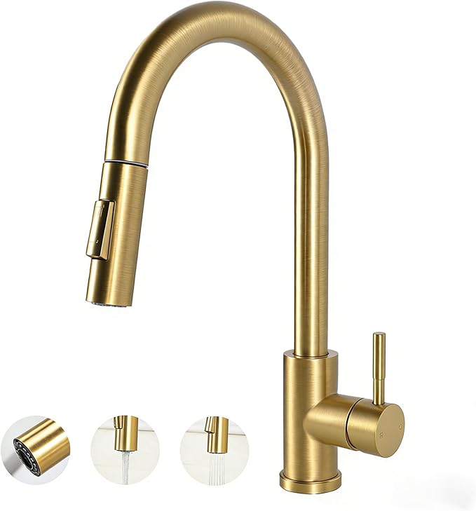 Hotis Gold Kitchen Faucet with Pull Down Sprayer, High Arc Stainless Steel Sink Faucet, Brushed Gold Bar Faucet Fit for 1 Hole Sink, Easy Install for Kitchen Farmhouse RV, HT-KBD101G