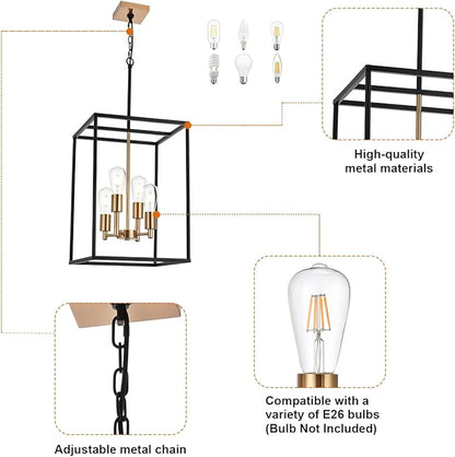 VINLUZ Retro 4 Light Large Farmhouse Chandelier Rustic Dining Room Lighting Fixtures Hanging in Black and Brushed Brass Finish Metal Square Cage Pendant Lighting for Kitchen Island