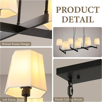 Farmhouse Chandeliers, 8-Light Black Chandeliers for Dining Room with White Fabric Shade, Adjustable Hanging Pendant Lighting for Kitchen Island Living Room