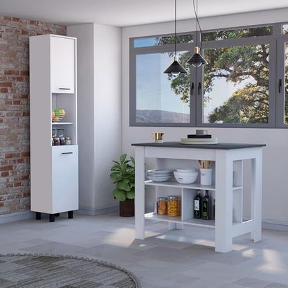 FM FURNITURE Nashville 2 Piece Kitchen Set, Kitchen Island and Pantry Cabinet with 3 Shelves, White/Onyx