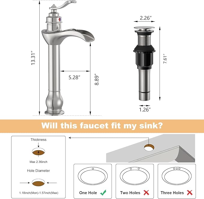 BWE Vessel Sink Faucet Waterfall Brushed Nickel with Pop Up Drain Assembly and Supply Hose Single-Handle Single Hole Bathroom Faucet Lavatory Mixer Tap Tall Body