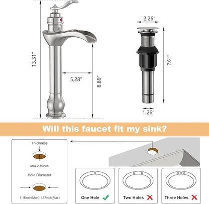 BWE Vessel Sink Faucet Waterfall Brushed Nickel with Pop Up Drain Assembly and Supply Hose Single-Handle Single Hole Bathroom Faucet Lavatory Mixer Tap Tall Body