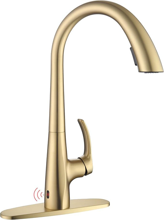 Touchless Kitchen Faucet with Pull Down Sprayer, Brushed Gold Motion Sensor Kitchen Faucet, Stainless Steel Hands Free Faucet for Kitchen Sink 1 or 3 Hole