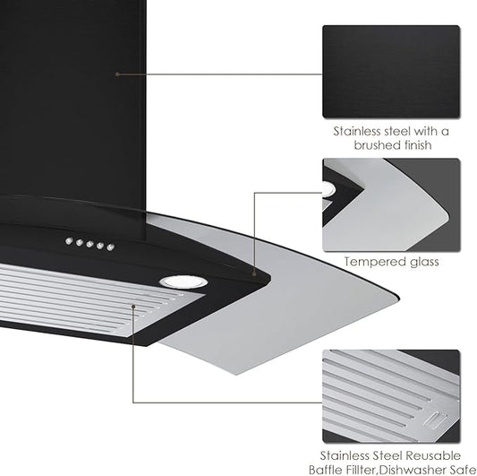 30 Inch Black Range Hood Wall Mounted Curved Glass Range Hoods with 450 CFM, Stainless Steel kitchen Ductless/Ducted Convertible with 3 Speed Controls, Permanent Baffle Filters and 2 LED Lights