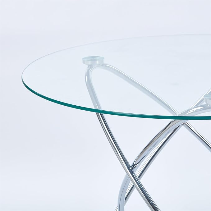 35.4" Round Dining Table for 4, Modern Clear Glass Kitchen Table for 4 with Chrome Metal Legs, Compact Small Circle Dining Room Leisure Tables for Kitchen Apartment