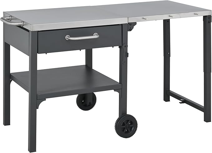 JIJIWANG 54.7" Outdoor Kitchen Island with Stainless Steel Top and Foldable Table, Kitchen Island with Drawer and Shelf, BBQ Cart with Wheels for Backyard Patio Gray