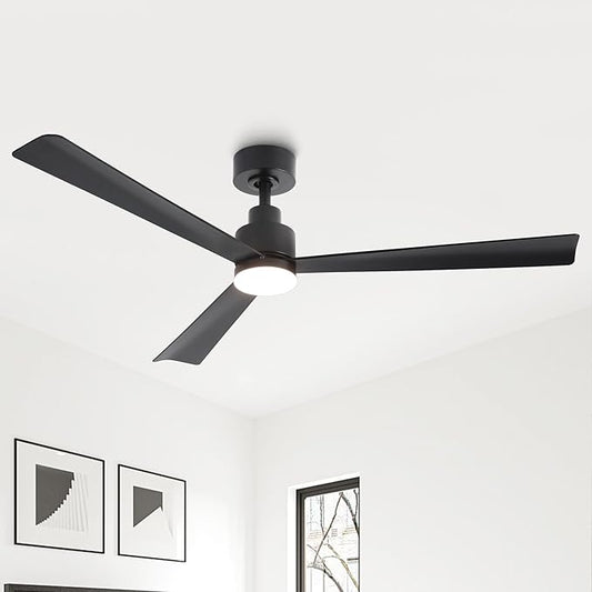52" Black Ceiling Fan with Light and Remote, Modern 3-Blade DC Motor Ceiling Fan, Quiet Reversible Airflow, 6-Speed LED, Use for Bedroom Living Room Kitchen Indoor Use