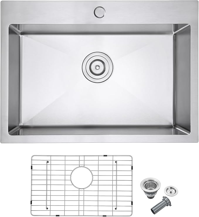 24x18 Inch Drop in Kitchen Sink, 304 Stainless Steel Single Bowl with Bottom Grid Mat & X-Shape Drain, 9" Deep Compact Sink for Small Kitchen, Apartment, RV, Wet Bar, Office, Laundry Room