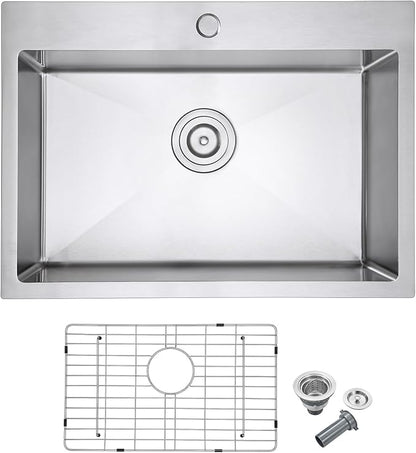 24x18 Inch Drop in Kitchen Sink, 304 Stainless Steel Single Bowl with Bottom Grid Mat & X-Shape Drain, 9" Deep Compact Sink for Small Kitchen, Apartment, RV, Wet Bar, Office, Laundry Room