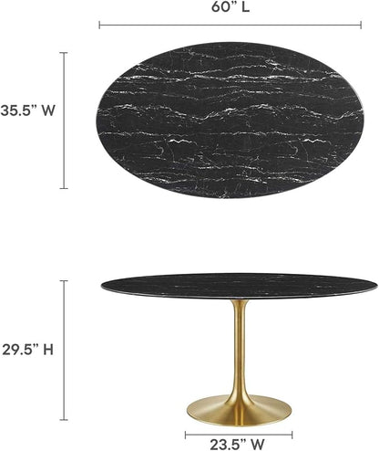Modway Lippa Oval 60" Artificial Marble Mid-Century Modern Dining Table, Gold Black