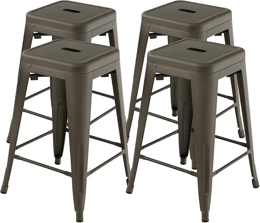 COSTWAY Bar Stools Set of 4, 24” Stackable Metal Stools with Square Seat & Handing Hole, X-shaped Reinforced Design, Comfortable Footrest, Backless Bar Chairs for Kitchen, Dining Room, Pub (Gun, 24‘’)