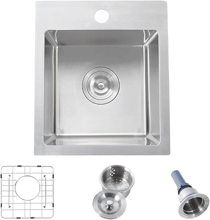 Hotis 15x15 Inch Drop In Bar Sink, Brushed Nickel Stainless Steel Topmount Small RV Kitchen Sinks, Wet Bar Sink For Outdoor, RV, and Outdoor Yard with Dish Grid and Basket Strainer
